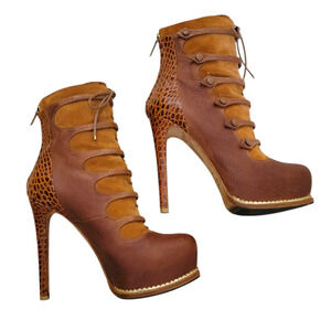 Christian Dior Platform Brown Leather Lace-Up Boots Suede Heel Ankle 7 37